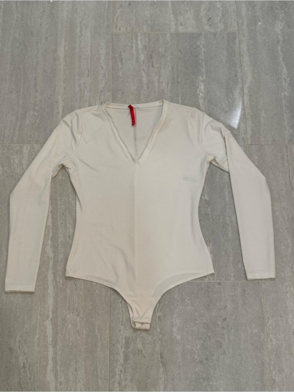 SPANX Cream Long-Sleeve V-Neck Bodysuit